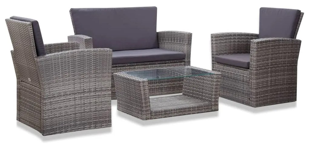 46086 vidaXL 4 pcs conjunto lounge de jardim c/ almofadões vime PE cinzento