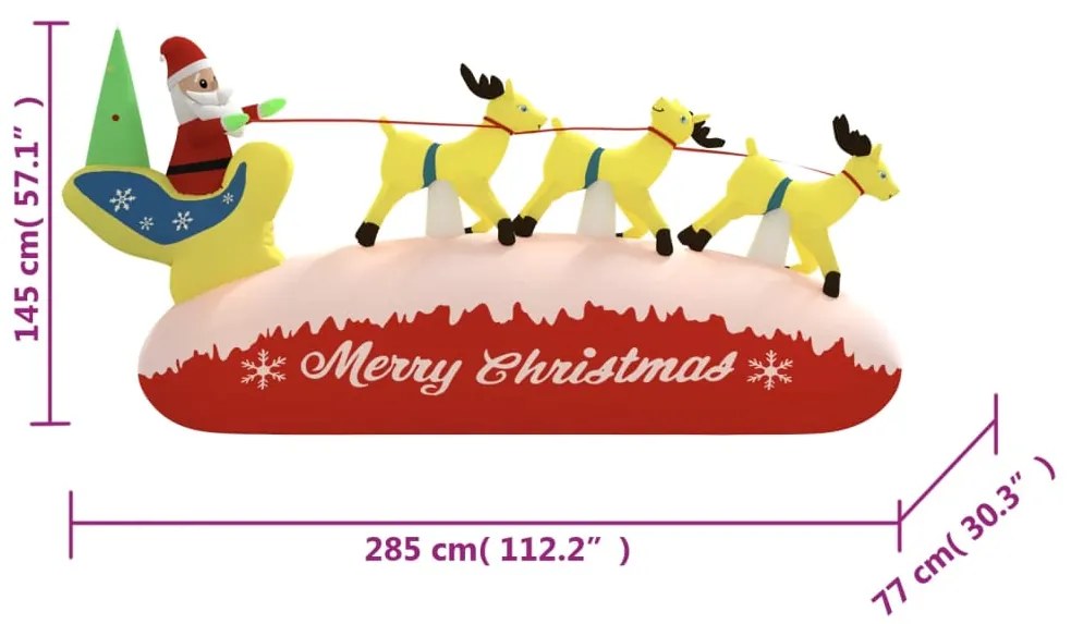 Pai Natal e renas insufláveis com luzes LED 145 cm