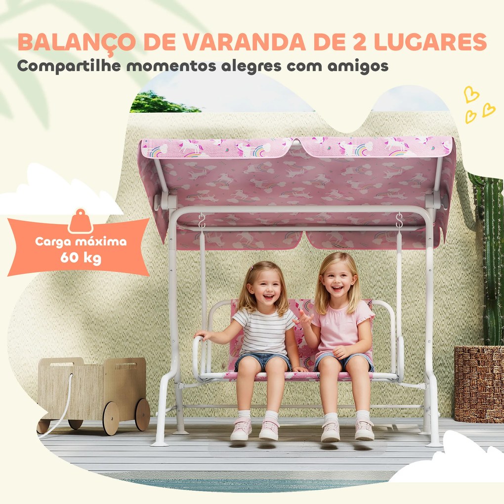 Baloiço de Jardim Exterior Infantil de 2 Lugares com Toldo Ajustável, Cintos de Segurança e Design de Unicórnio e Arco-Íris Rosa