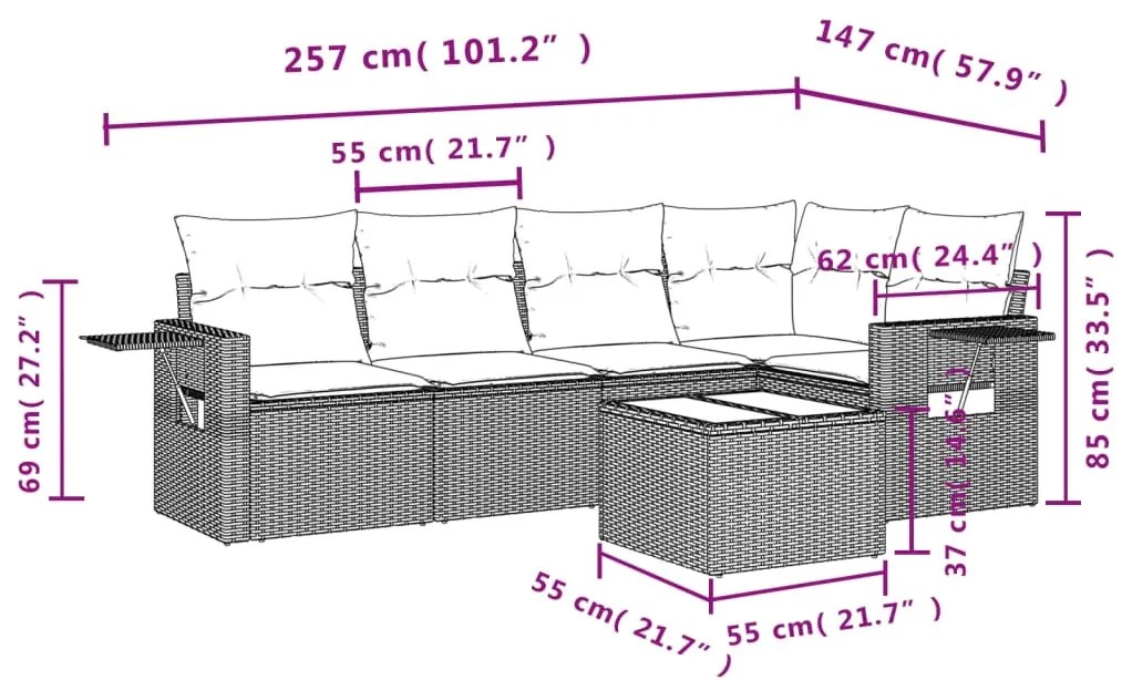 6 pcs conjunto de sofás p/ jardim com almofadões vime PE bege