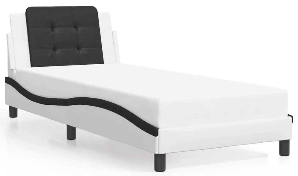 Estrutura cama c/ luzes LED 90x190 cm couro artif. branco/preto