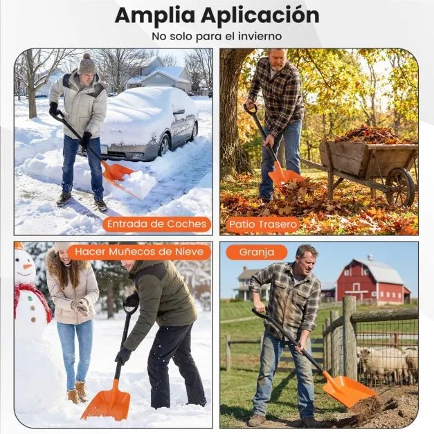 Pá de neve portátil leve com cabo de alumínio e pega ergonómica para entradas, passeios, jardins Laranja