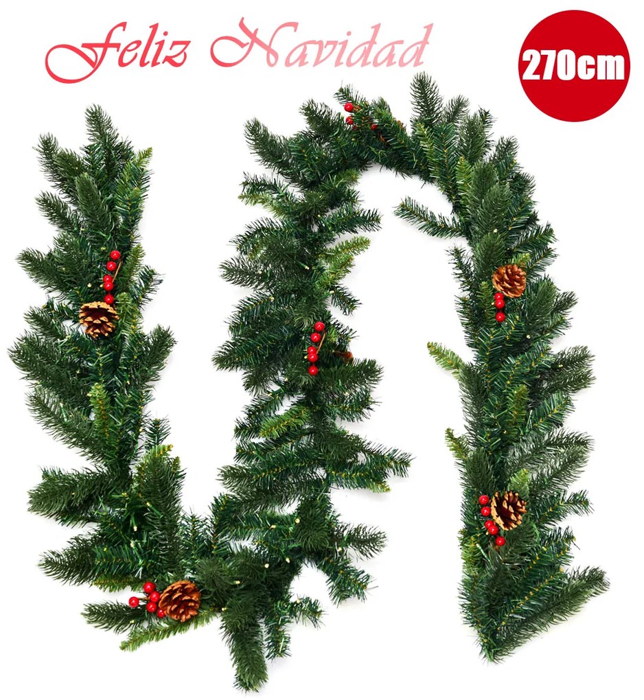 Grinalda de Natal de Pinheiro Iluminado 270 cm Grinalda de Natal Artificial com 100 Luzes LED Bagas Vermelhas Cones de Pinheiro Decorativas com Temporizador