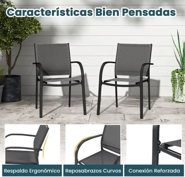 Conjunto de 2 cadeiras de jardim empilháveis de metal com assento e encosto respiráveis para jardim, piscina, varanda Cinza