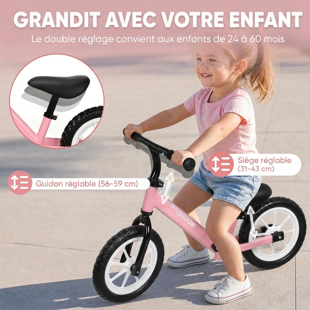 Bicicleta sem Pedais Infantil, 84 x 40 x 57 cm, Rodas Luminosas, Rosa