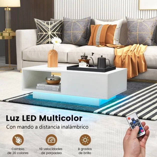 Mesa de centro com luzes LED, gaveta com controlo remoto e estante aberta retangular moderna para sala de estar 95 x 55 x 31 cm Branco