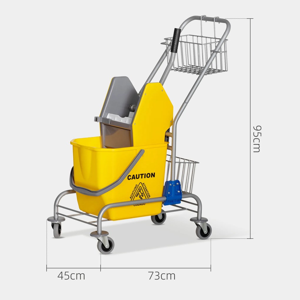 Carrinho de limpeza profissional, espremedor de mangas, balde de 26 L + cesto de arrumação amarelo
