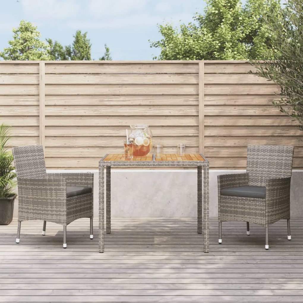 vidaXL 3 pcs conjunto de jantar p/ jardim c/ almofadões vime PE cinza