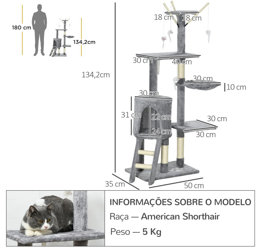 PawHut Arranhador para Gatos de 134,2 cm Torre para Gatos com Caverna