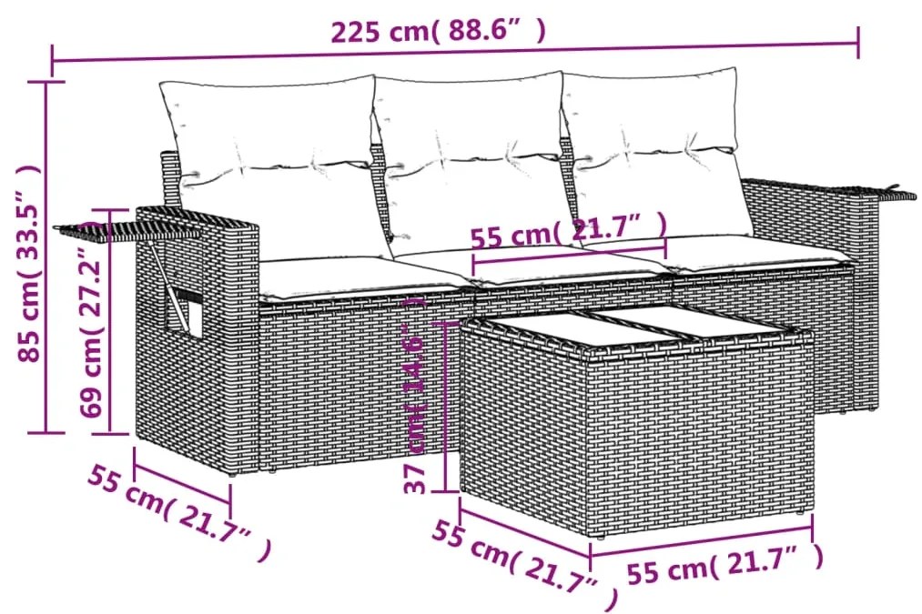 4 pcs conjunto de sofás para jardim c/ almofadões vime PE bege
