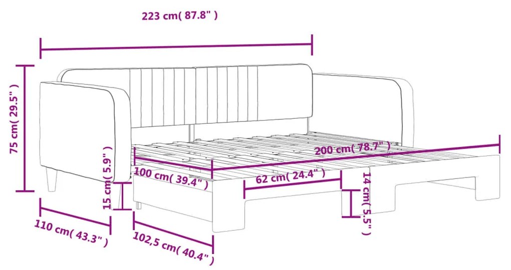 Sofá-cama com gavetão 100x200 cm veludo azul