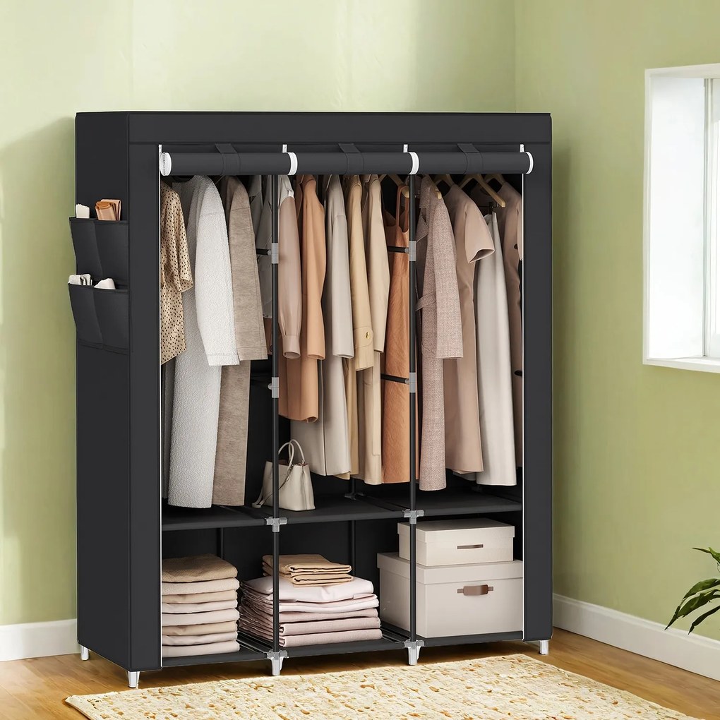 Guarda roupa tecido com 3 varões para roupa e 4 bolsos laterais 45 x 130 x 167 cm Preto