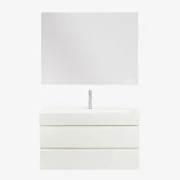 Conjunto De Móvel De Casa De Banho Em Madeira E Chapa De Freixo Com Lavatório Integrado Ona Branco & Retangular Led E Anti-embaciamento - Sklum