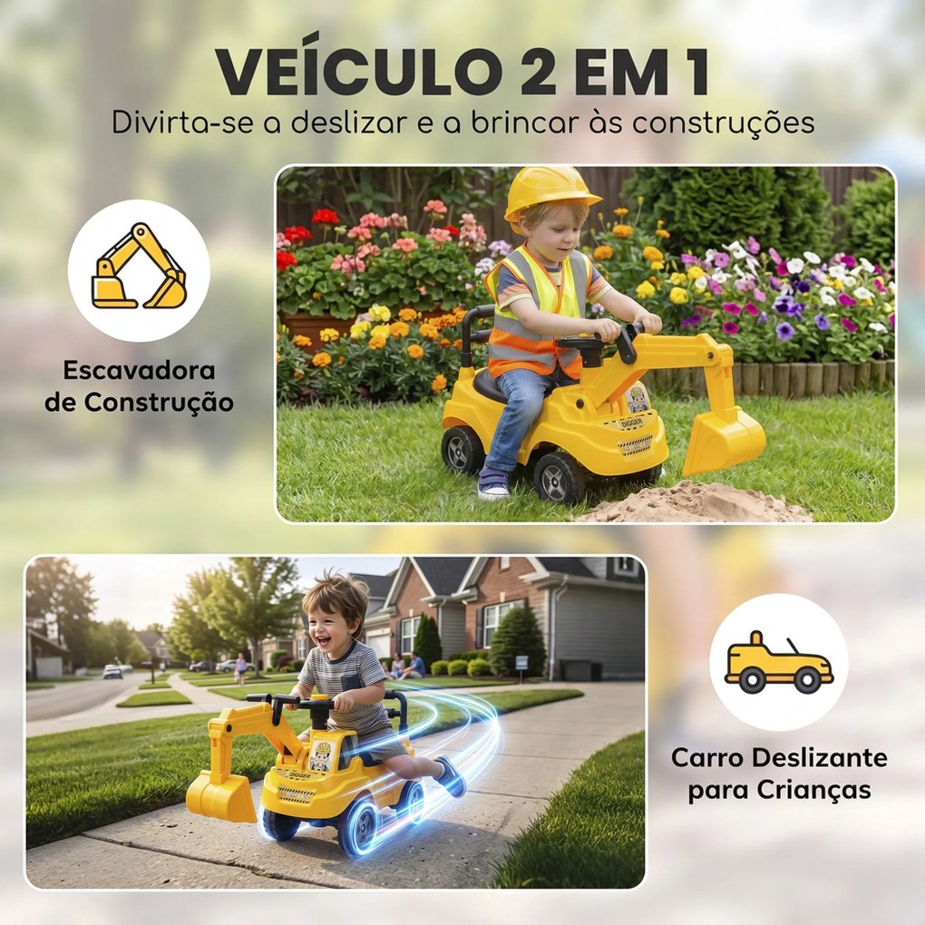 Escavadora sem Pedais para Crianças 1-3 Anos com Buzina de Ar Braço Escavador e Arrumação 15 kg Amarelo