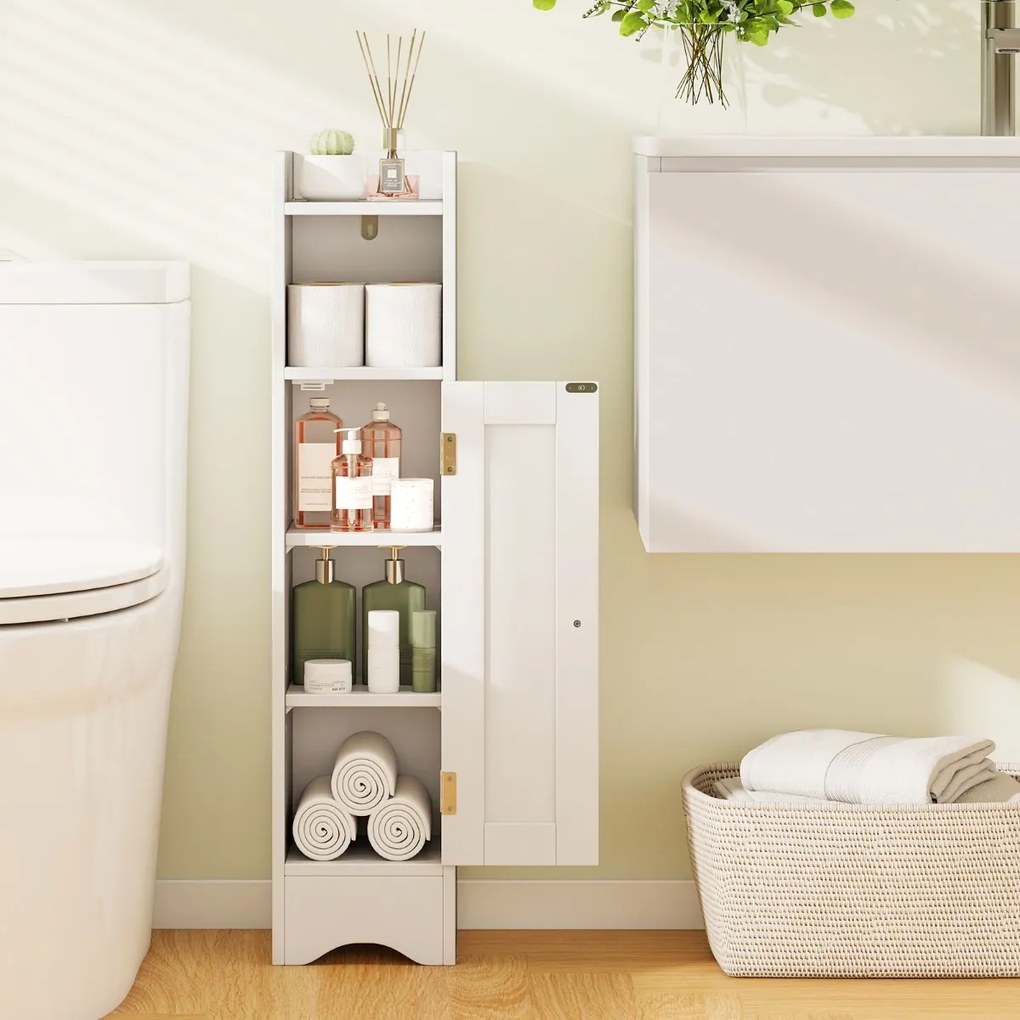 Armário estreito para casa de banho com porta e prateleiras ajustáveis, suporte para rolo de papel higiénico 18 x 19,5 x 80 cm Branco