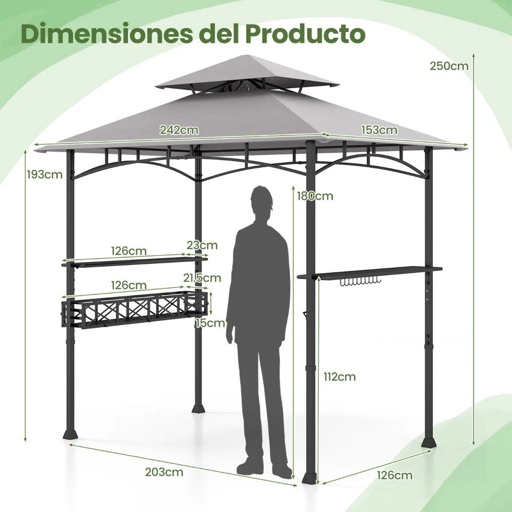 Pergula tenda para churrascos 242 x 153 cm com 2 prateleiras laterais, cesto, ganchos, abridor de garrafas, estrutura de metal para jardim ou pátio Ci