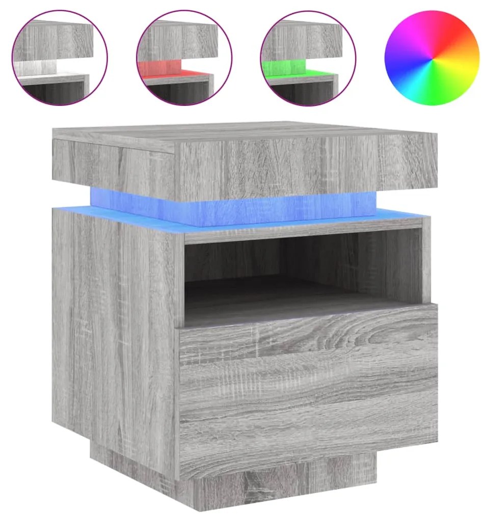 Mesas cabeceira c/ luzes LED 2 pcs 40x39x48,5 cm cinza sonoma