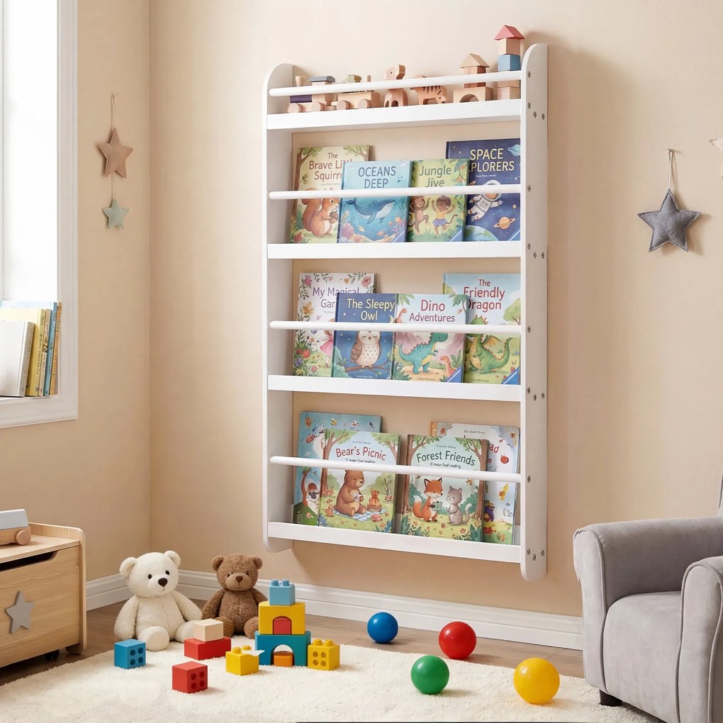 Estante infantil de parede com 4 níveis 56 x 12 x 107 cm, prateleiras abertas, barras de segurança e bordas elevadas para quarto infantil ou sala de a