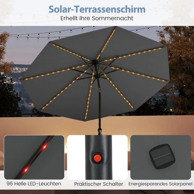 Guarda-sol de 300 cm com iluminação LED solar, 9 modos de iluminação, guarda-sol de jardim com manivela, cinzento