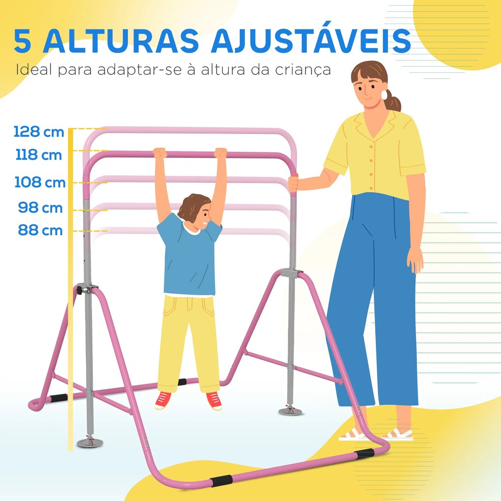 Barra de Ginástica para Crianças Dobrável com Altura Ajustável para Treino em Casa 154x106,2x88,5-128,5 cm Rosa