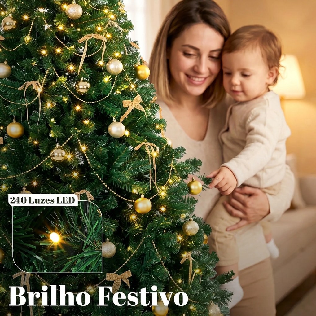 Árvore de Natal Decorativa 180 cm com 240 LED, 755 Pontas Ignífugas, Estrela, 30 Bolas, 18 Laços e Decoração Dourada, Verde