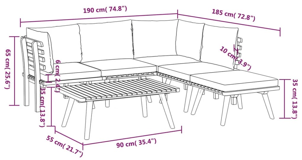 6 pcs conjunto lounge de jardim com almofadões acácia maciça
