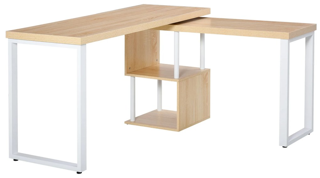 HOMCOM Secretária em forma de L Mesa giratória de 360º para computador várias formas com prateleira de 2 níveis em S Grande espaço de armazenamento 220x55x76 cm Carvalho