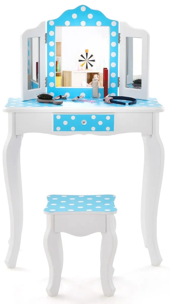 Conjunto Toucador e banco para meninas com espelho com estampado de bolinhas e gaveta Azul e branco
