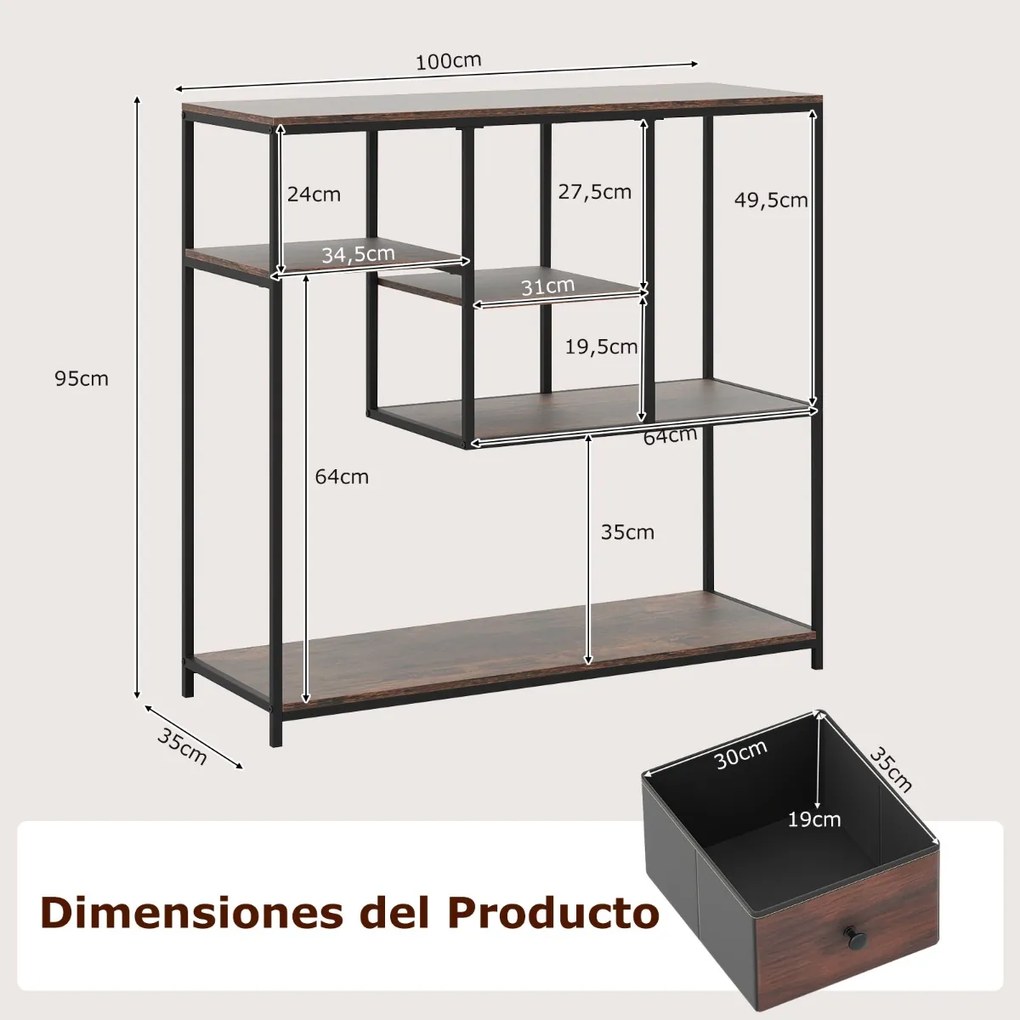 Mesa Consola 100 cm com Gaveta de Armazenamento e Estante de 4 Níveis Estilo Industrial para Sala e Corredor Castanho rústico e preto