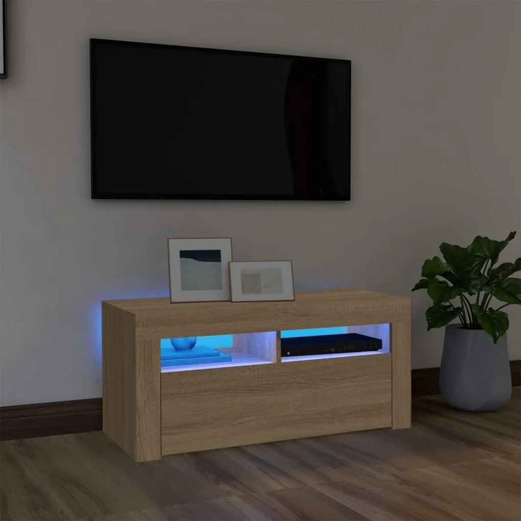 804322 vidaXL Móvel de TV com luzes LED 90x35x40 cm carvalho sonoma
