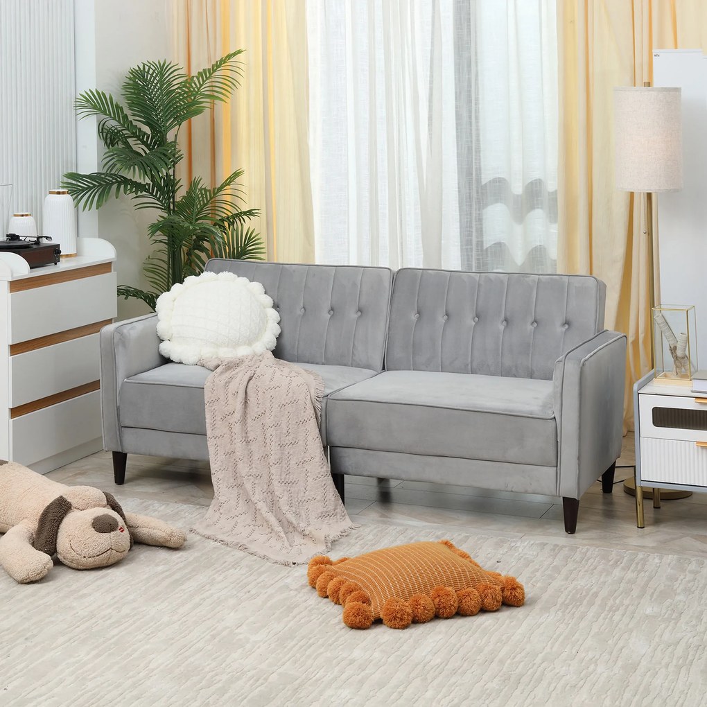 HOMCOM Sofá de 2 Lugares Convertível em Cama Estofado Aveludado com Encosto Ajustável e Pés de Madeira para Sala de Estar Escritório 189x81x83,5cm Cinza