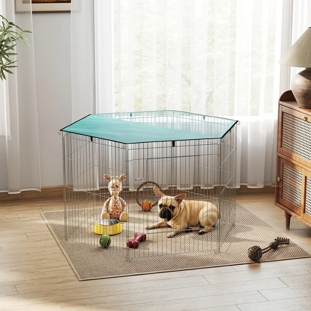 Parque para cães de 76 cm de altura, recinto para cães com 6 painéis e teto, modular e dobrável, recinto portátil com porta verde e prateada