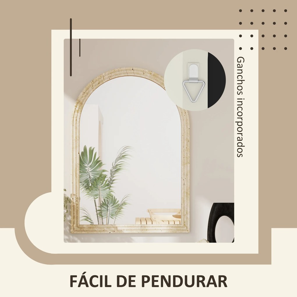 Espelho de Parede Arqueado Espelho de Casa de Banho 60x90 cm com Moldura de Imitação de Pedra Bege