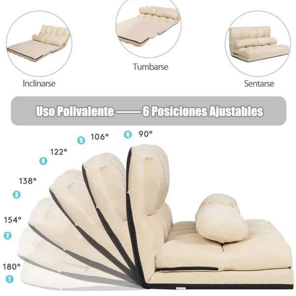 Sofá de chão ajustável Sofá-cama dobrável em 6 posições Revestimento removível em camurça com 2 almofada Bege