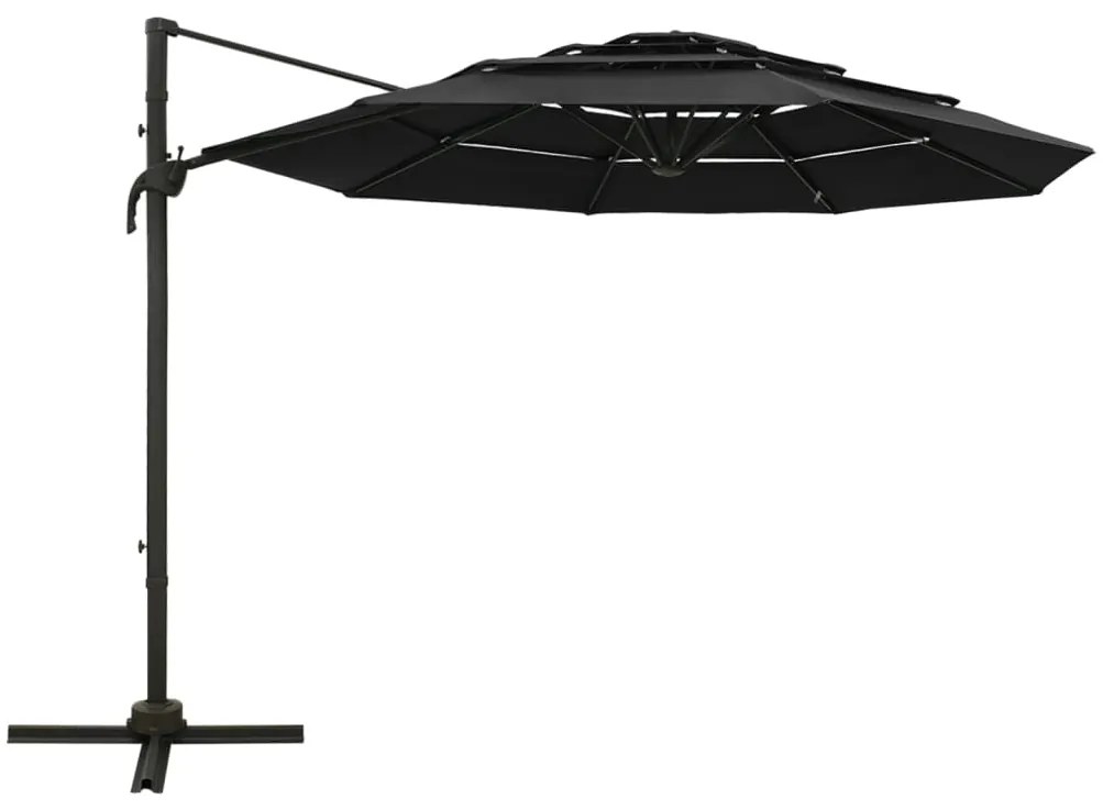 Guarda-sol de jardim 4 camadas c/ poste de alumínio 3x3 m preto