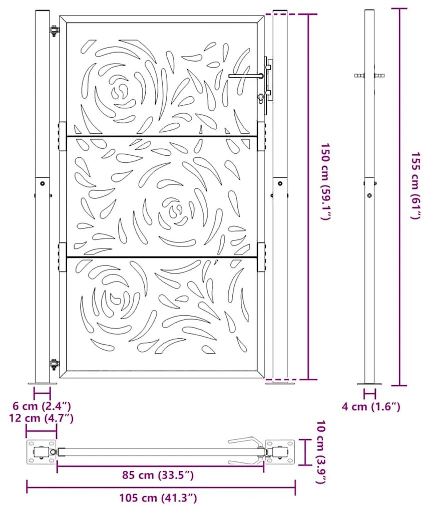 Portão de jardim 105x155 cm design de chama de aço preto