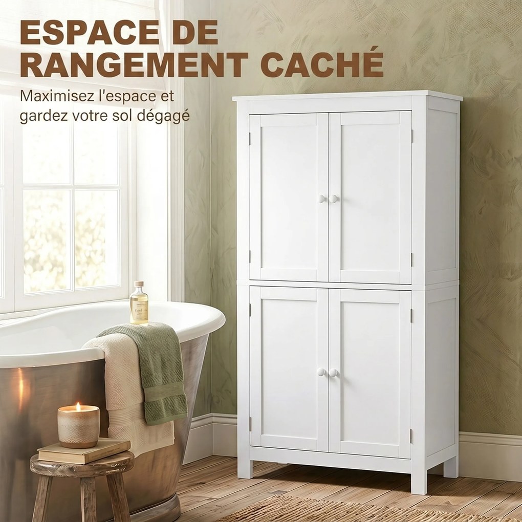 Armário de Casa de Banho, 60 x 30 x 110 cm, 4 Portas e Prateleiras Reguláveis, Branco