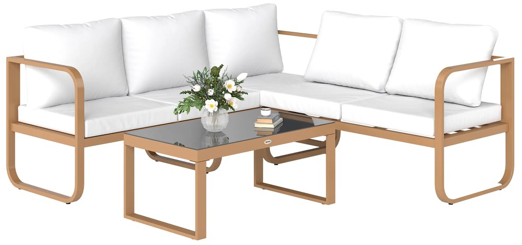 Conjunto de Jardim de 3 Peças com Sofá de 3 Lugares com Assento Ajustável Sofá de 2 Lugares e Mesa de Centro Creme