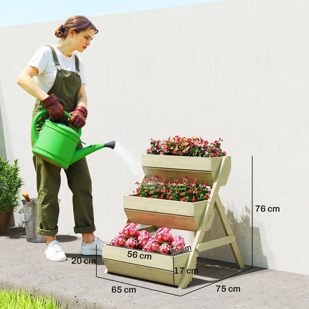 Floreira elevada em madeira com 3 níveis 65 x 75 x 76 cm, prateleira em degraus para plantas com orifícios de drenagem