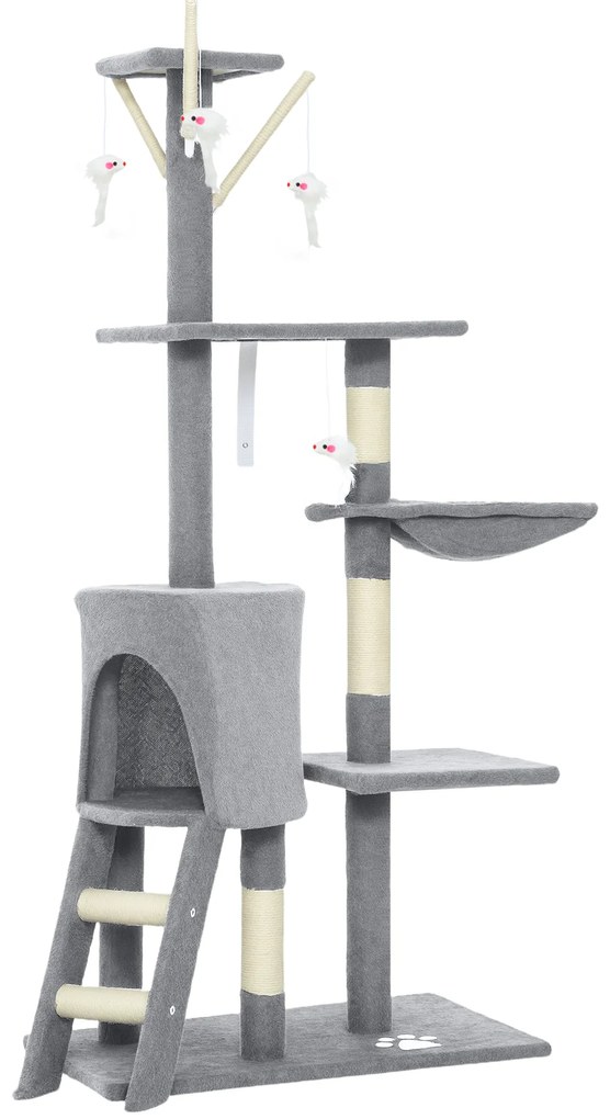 PawHut Arranhador para Gatos com Caverna Plataformas Rato de Brinquedo Rede e Postes de Sisal 60x35x134 cm Cinzento | Aosom Portugal
