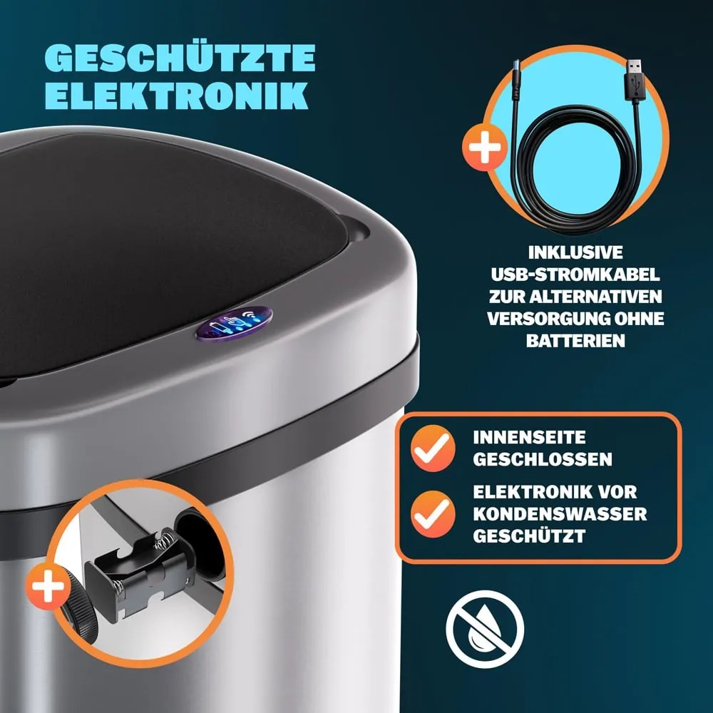 Caixote do lixo com sensor em aço inoxidável 50L prateado