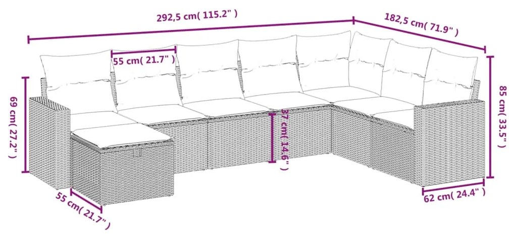 8 pcs conjunto de sofás p/ jardim com almofadões vime PE bege