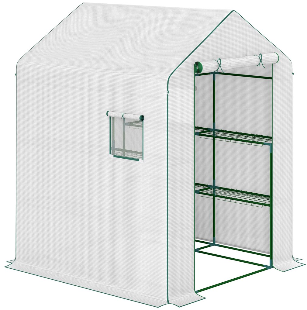 Outsunny Estufa de Jardim com 1 Porta 2 Janelas Prateleiras 3 Níveis para Legumes Plantas Flores Cobertura PP 140x143x190 cm Branco | Aosom Portugal
