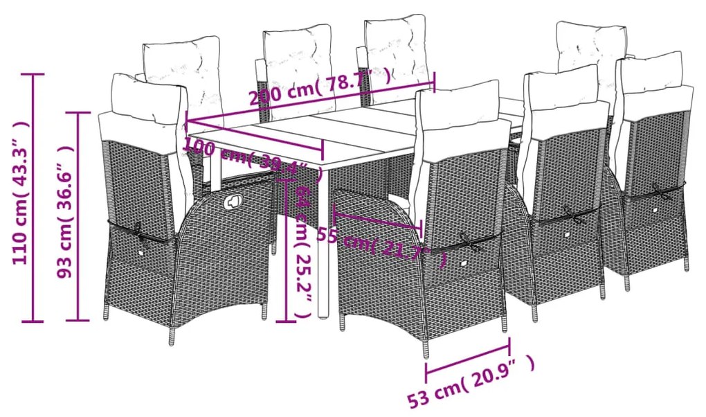 9 pcs conjunto de jantar p/ jardim com almofadões vime PE bege