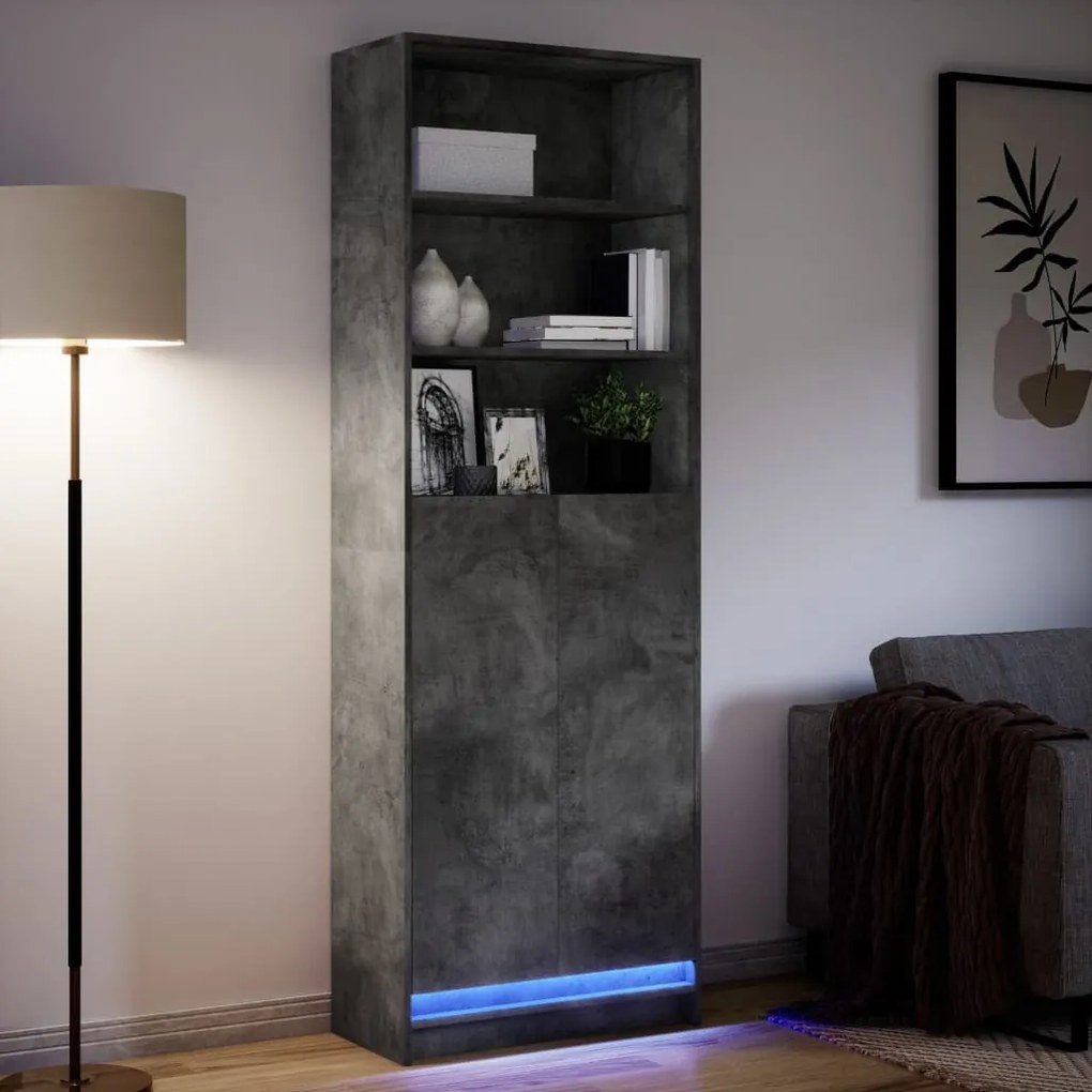 Armário alto com luzes LED derivados de madeira cinza cimento