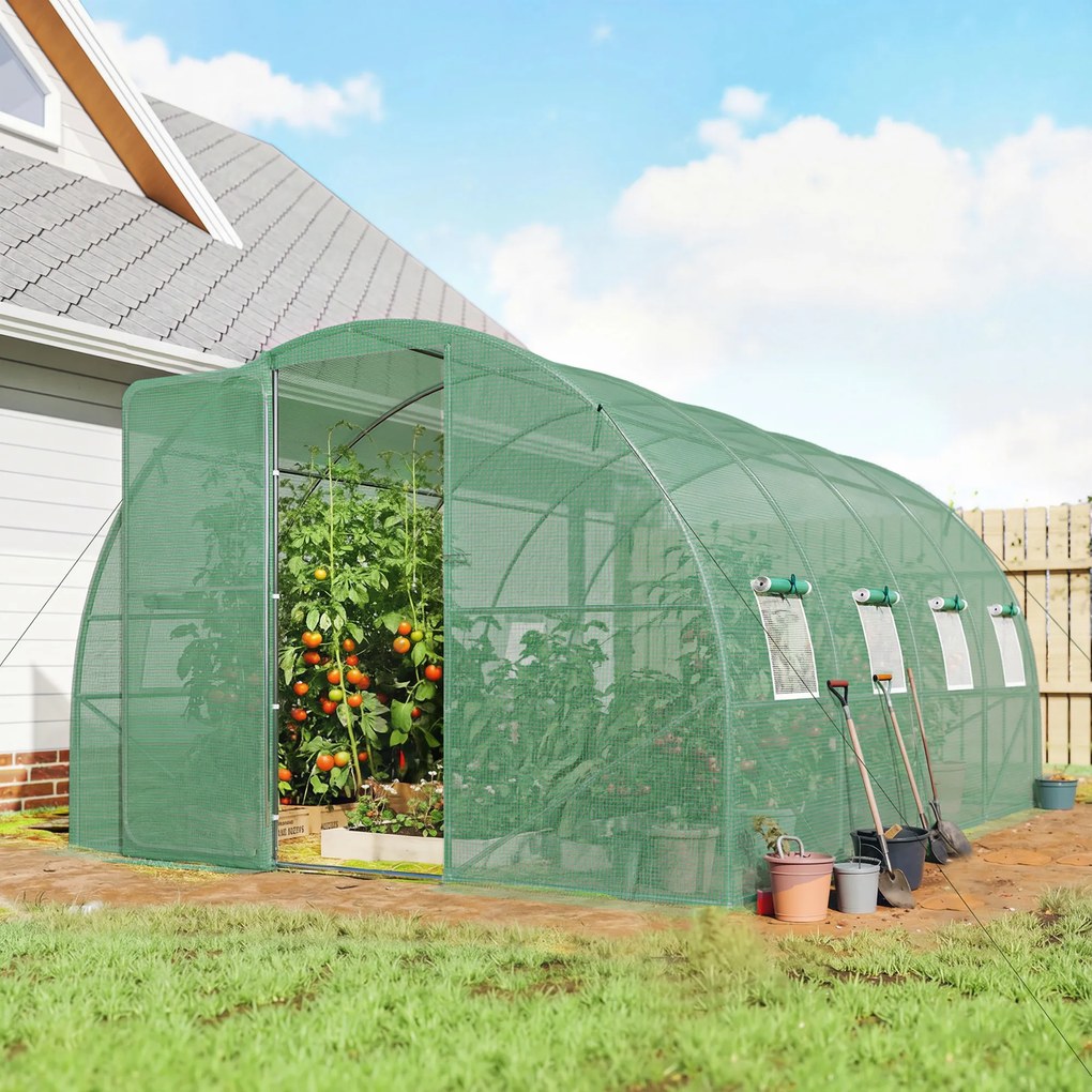Estufa tipo túnel para jardim 295 x 400 x 200 cm, de 12 m², estufa tipo túnel para jardim com porta e 8 janelas, lona de PE de 140 g/m² verde