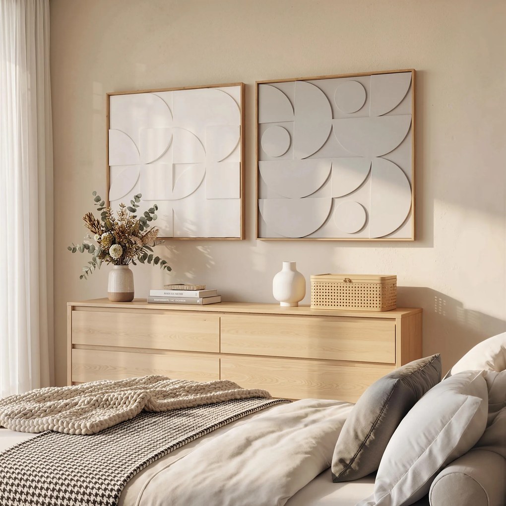 Decoração de Parede em Madeira 3D Conjunto de 2 Peças com 80 cm e Padrões Geométricos Branco