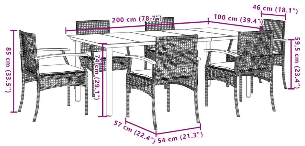 7 pcs conjunto de jantar p/ jardim com almofadões vime PE bege