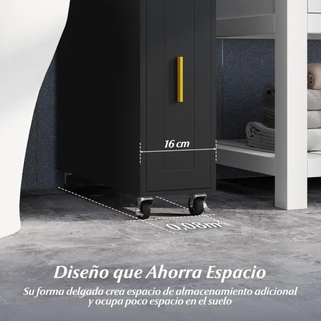 Armário de armazenamento 50 cm x 16 cm x 69 cm para casa banho estreito com gaveta deslizante Preto
