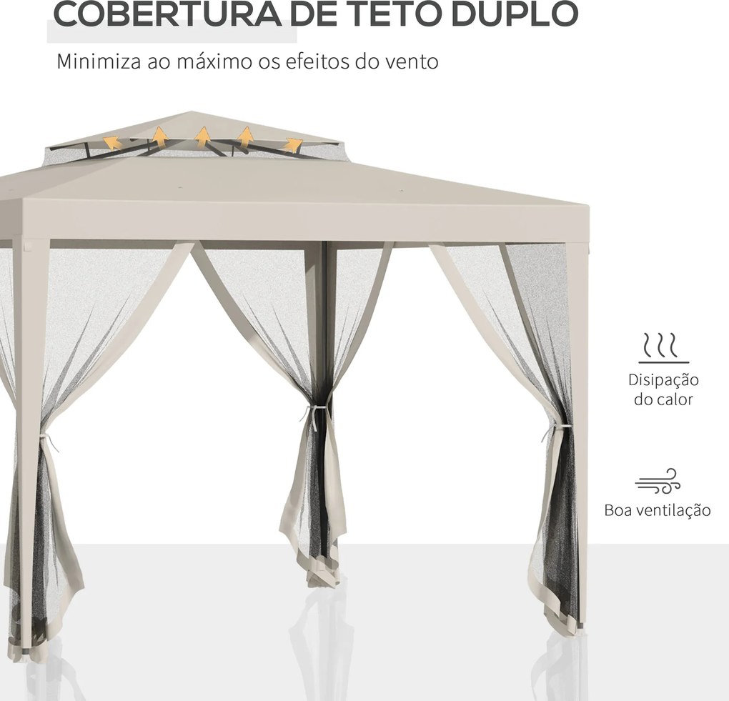 Pérgola de Jardim 297x297x268 cm com Redes Mosquiteiras Laterais com Fecho de Correr Teto de Ventilação e 8 Orifícios de Drenagem Bege